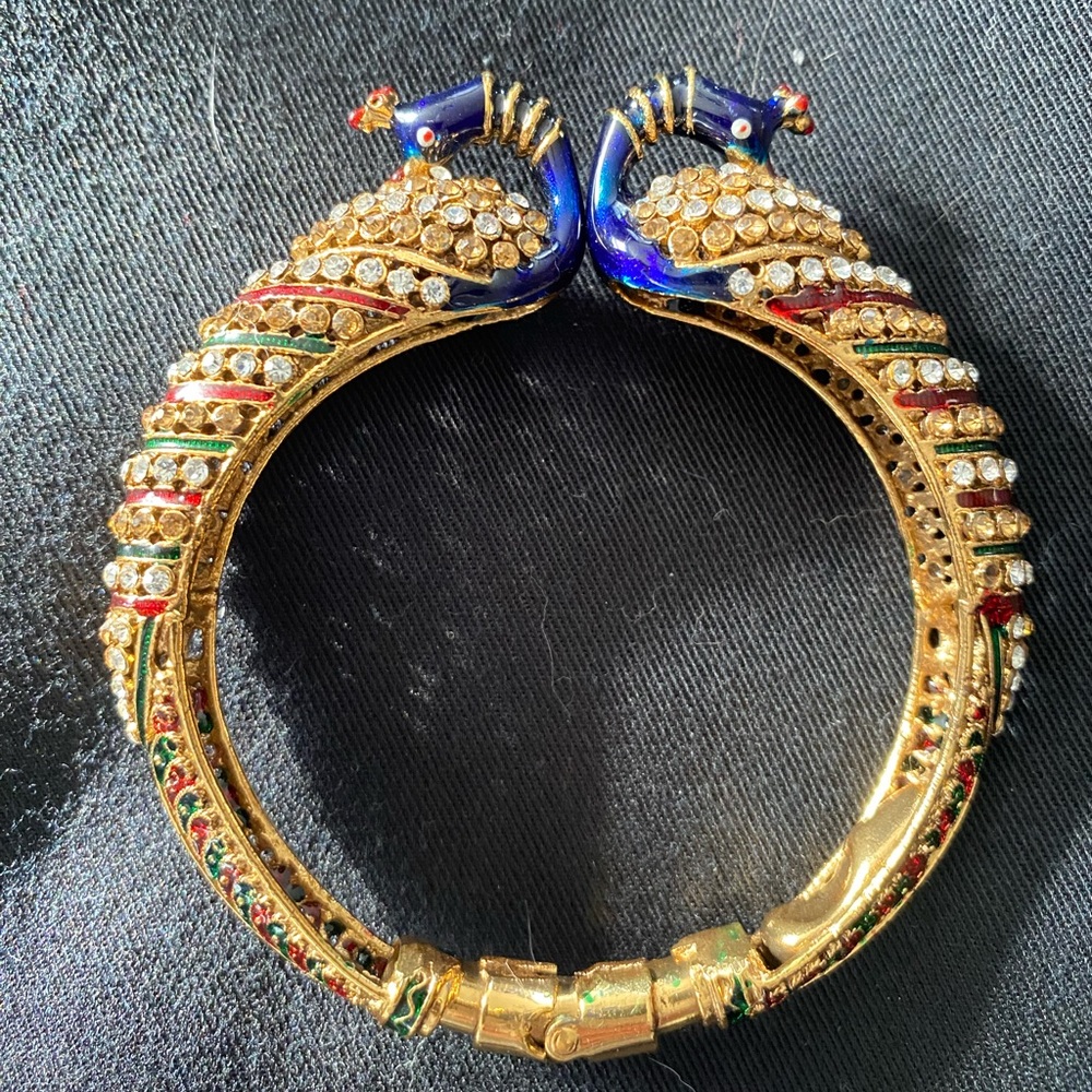 Vintage Enamel & Rhinestone Peacock Hinged Bracelet